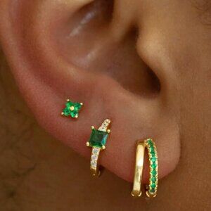 Double Huggie Earrings Green CZ CUTE everyday Jewelry huggies double hoop Green